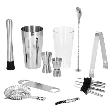 Set da barman 14 pezzi per cocktail con shaker e bicchiere d'argento.