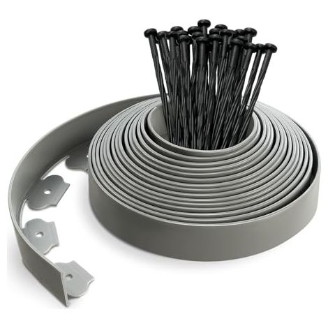 Bande de bordure de jardin en plastique de 10 mètres de long avec 30 poteaux d'ancrage, 50 mm de haut, 4 mm d'épaisseur, grise.