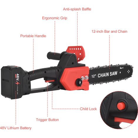 Tronçonneuse électrique sans fil de 30 cm (12 pouces) avec moteur sans balais, batterie lithium-ion 48 volts et chargeur inclus pour la coupe du bois et l'élagage des arbres.