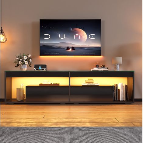 Schwarzes LED-TV-Möbel Hochglanz 180 x 40 x 46 cm mit 2 Schubladen, App-Steuerung, bis 70 Zoll (1/5)