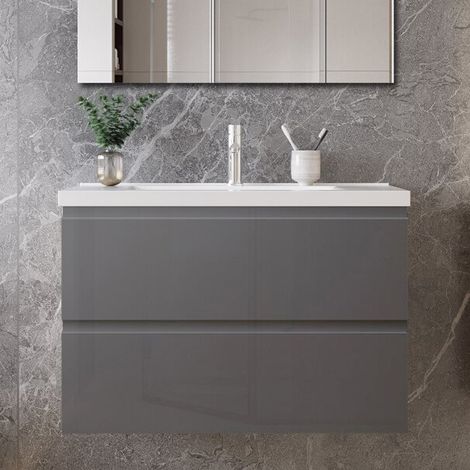 Ocean Meuble de salle de bain, anthracite haute brillance, avec lavabo en céramique, 79 x 46 x 52 cm (1/5)