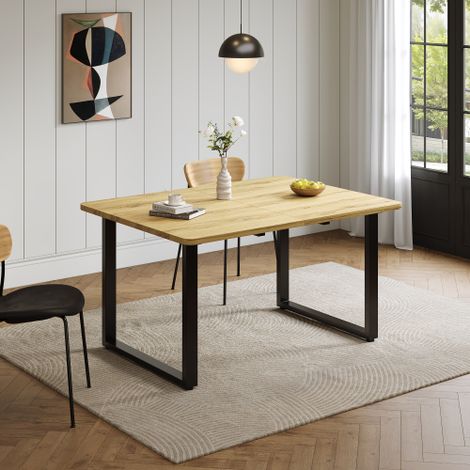 Table à manger extensible 3 longueurs 140/180/220x80 cm, pour 6-10 personnes, rectangulaire, pieds métal, style simple, pour salle à manger/cuisine, bois naturel (1/5)