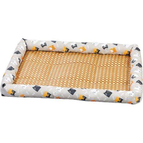 Ortviai Paniers pour Chat en Rotin Naturel - Nid d'Été Respirant avec Rebords - 60x45cm - Tapis de Refroidissement Lavable pour Petit Chien et Chat - Motif Chat Gris
