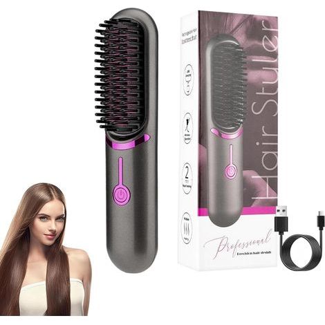 Peigne Chauffant, Brosse lissante sans fil, portable et pratique pour les voyages, rechargeable par USB, 5 400mAh, ion négatif, chauffante, pour femmes et hommes (Noir)