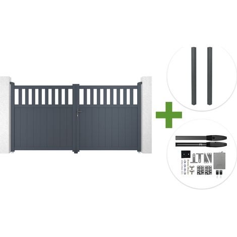 Portail battant 3m SANTIS H.160cm aluminium gris + 2 poteaux ELDA aluminium gris 15x15cm + motorisation Hicker B200 (1/5)