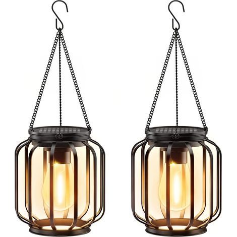 Set mit 2 wasserdichten Solar-Hängelaternen aus Metall mit Haken – Warmes und helles Licht – Klassische Dekoration für Garten, Terrasse, Veranda und Balkon (1/5)