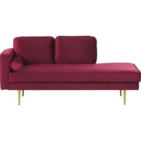 Chaise Longue Méridienne Côté Gauche en Velours Rouge Foncé avec Pieds Dorés pour Salon au Style Glamour Beliani