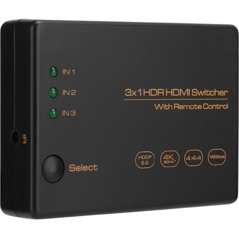 3-Port 3x1 HDMI HDR-Switch, 4K 60Hz-Umschaltgerät mit Fernbedienung, 3 Eingänge, 1 Ausgang (1/5)