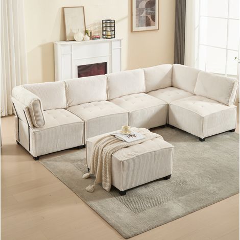 Divano modulare 6 posti con tasche, velluto a coste beige OKMYHOME (1/5)