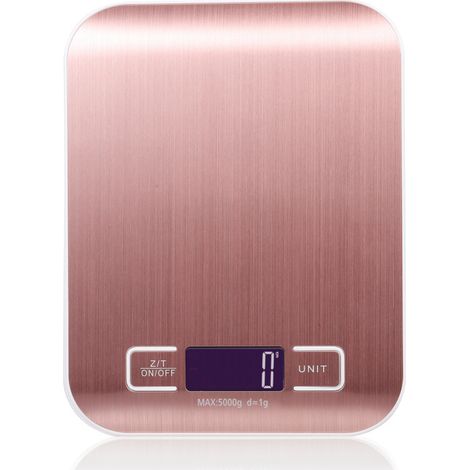 Balanza digital de cocina, rango de medición de 5 kg, ideal para cocinar y hornear. Unidades de medida: g, lb, oz, ml, kg (leche, ml). Acero inoxidable, funciona con pilas. (1/5)