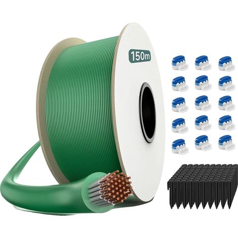 Cable delimitador para cortacésped, 150 m de longitud, 2,7 mm de diámetro, 450 estacas, 15 conectores, resistente a la intemperie. (1/5)