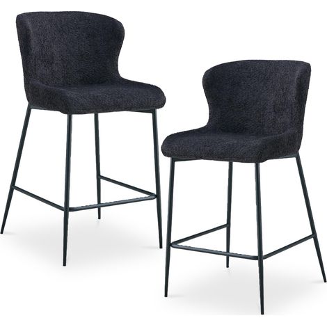 AZEL Lot de 2 tabourets tissu bouclette gris anthracite piètement métal noir (1/5)