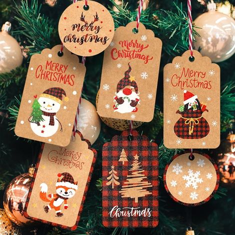 Etiquettes Cadeaux Noel - Papier Kraft 280 GSM - 100 Pièces 10 Motifs - Pour Emballage Cadeaux Décoration Arbre et Intérieur (1/5)