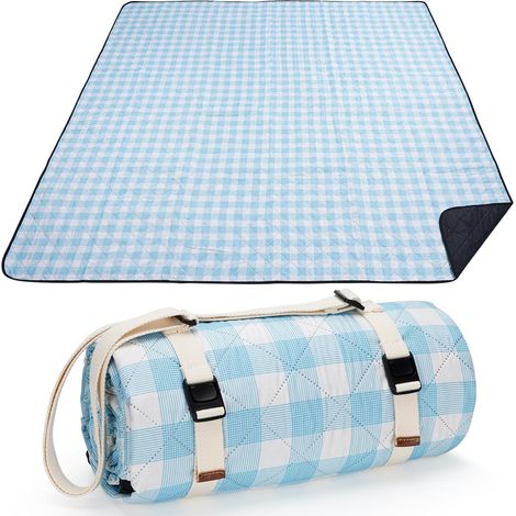 Couverture de pique-nique 200 cm x 200 cm, imperméable, lavable, tapis de pique-nique pour la plage, le camping avec bandoulière – Bleu et blanc (1/5)