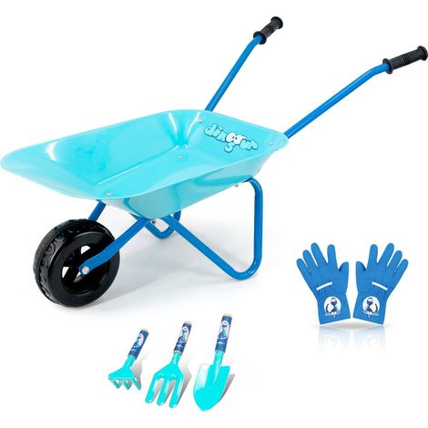 Brouette en métal 5 pièces pour enfants avec pelle, râteau, fourchette et gants pour enfants (bleu) (1/5)