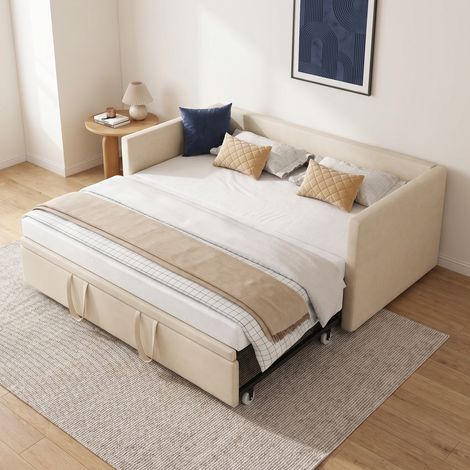 Tagesbett Ausziehbett 90/180x200 cm, 3 in 1 Schlafsofa, Samt, Beige (1/5)
