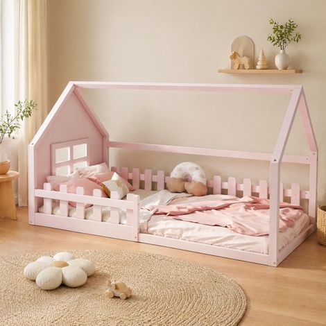 Lit enfant cabane 90 x 200 cm rose en pin, design ludique et robuste pour chambre apaisante (1/5)
