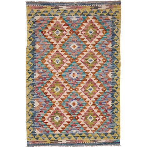 Tapis d'orient 100 x 152 cm, géométrique, multicolore, bleu et rouge, en laine naturelle, fabriqué au Pakistan (1/5)