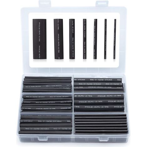 180 Pièces Kit de Gaine Thermorétractable Etanche Noire - 3:1 Tube Thermoretractable à double paroi - Revêtement adhésif - Gaine Thermo