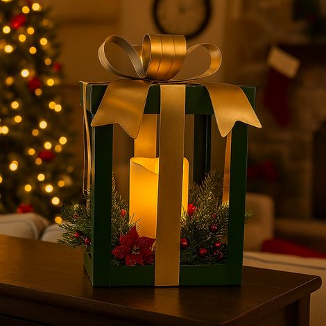 Pacco regalo in metallo con fiocco oro con candela LED decorazione natalizia -Verde (1/5)