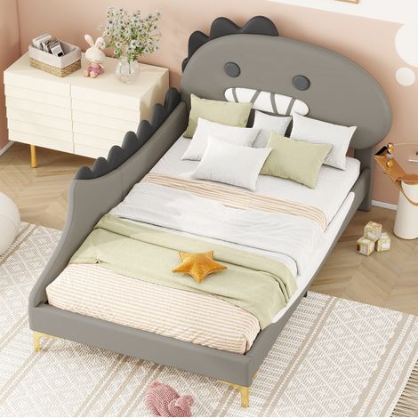 Cama 90x200 Cm Infantil PU Gris, Cabecero Caricatura Forma Dinosaurio, Diseño Lúdico (1/5)