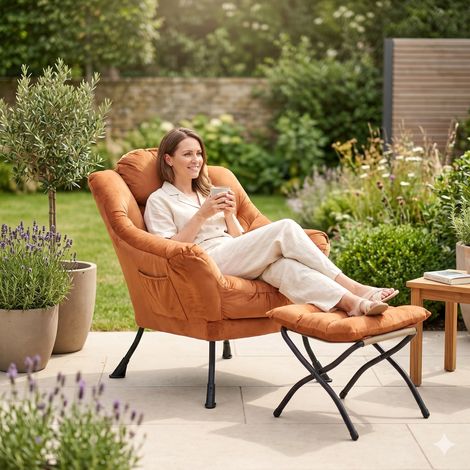 Fauteuil avec tabouret, fauteuil relax avec accoudoirs, poche latérale et repose-pieds, fauteuil lounge, fauteuil TV, fauteuil à oreilles pour salon, chambre, bureau, orange (1/5)