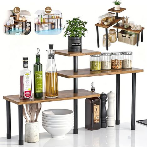 Organiseur de comptoir, étagère d'angle Mobile à 3 Niveaux pour Cuisine, Salle de Bain, étagère à épices, Espace café, au-Dessus de l'évier, Table de Commode (Marron Rustique) (1/5)