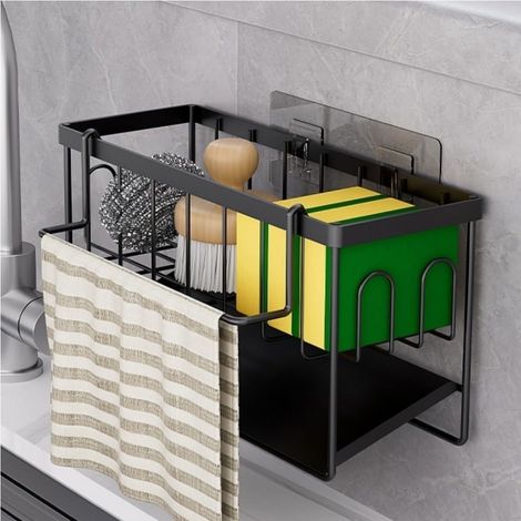 Égouttoir d'évier,étagère de rangement avec barre de suspension amovible, organisateur minimaliste pour plan de travail, côté évier (noir) (1/5)
