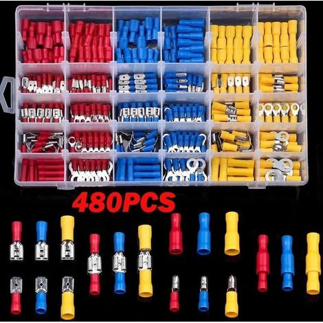 Kit di 480 connettori per cavi isolati, terminali a crimpare assortiti, connettori a sgancio rapido, terminali ad anello, terminali a forcella e terminali posteriori. (1/4)