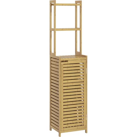 Armoire haute en bambou pour salle de bain avec 3 étagères et placard 1 porte 38,5 x 33 x 170 cm design naturel (1/5)