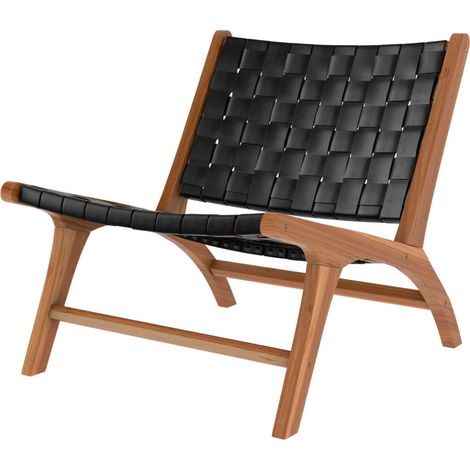 Fauteuil en teck et cuir tréssé noir - KUNA