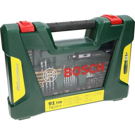 Bosch – Coffret V-Line 91 pièces de forets HSS-TiN pour métaux – 11 forets Ø 2-8 mm, 49 embouts, tournevis à cliquet – 2607017195 (1/5)