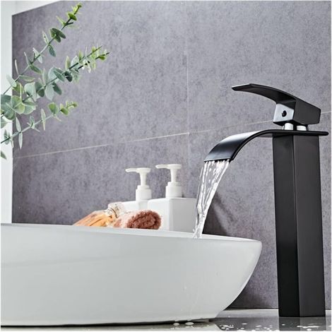 Robinet Noir - Cascade avec Haut Bec - Mitigeur Lavabo Haut Mono-trou - Mélangeur l'Eau Chaude et Froide pour Salle de Bain