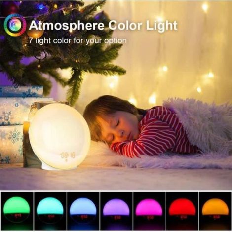 Lampe de Réveil FM Radio Réveil Lumineux Simulation LeverCoucher du Soleil 7 Couleurs 8 Type Sonneries Fonction Snooze Veilleuse Lu (1/4)
