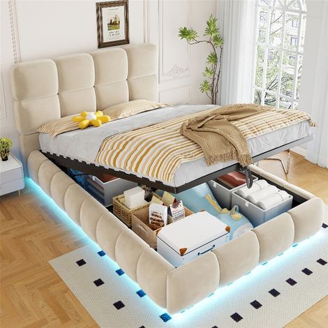 Lit coffre velours beige 90x200 cm avec sommier à lattes et éclairage LED, lit capitonné simple avec grand espace de rangement hydraulique (1/5)