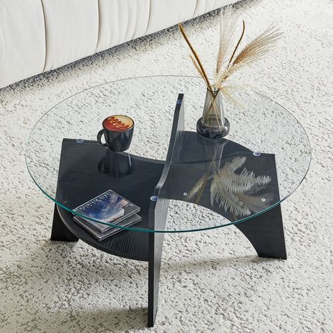 Table Basse Ronde en Verre Trempé - Ø 80 cm - Piétement Éventail Look Bois Noir - Pour Salon et Bureau - Transparent et Noir (1/5)