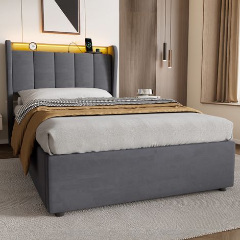 Cama con canapé abatible hidráulico en terciopelo gris oscuro, 217 x 111 x 99 cm, LED y estación de carga (1/5)