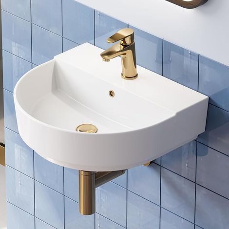 HOROW Lavabo sospeso da bagno in ceramica, 50 cm, bianco, ovale, da parete o da appoggio (1/5)