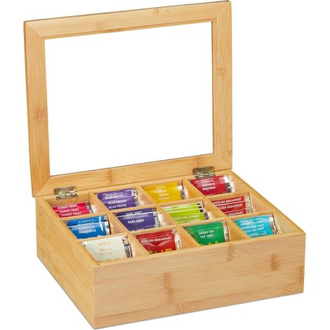 Teebox aus Bambus – 12 Fächer – Natur mit Sichtfenster – Küchenorganizer – 28 x 23 x 9 cm (1/5)