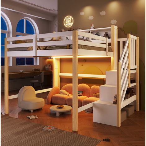 Letto a soppalco 140x200x175 cm, con LED e scala contenitore, grande spazio inferiore, legno di pino bianco naturale (1/5)