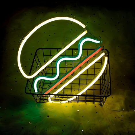 Neon-Leuchtschild in Hamburgerform, LED-Wanddekoration für Restaurants, Hotels und Bars, cooles Licht, einfache Montage, 1 Stück (1/4)