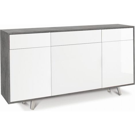 Mueble móvil con 3 puertas y 3 cajones, 164L x 41P x H92 – Acabado cemento y blanco brillante – Sarmog