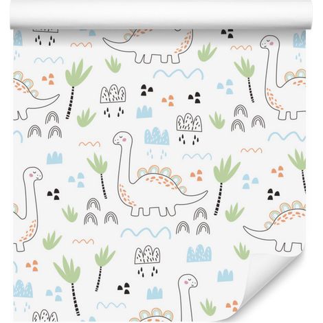 Papel pintado Dinosaurios, nubes, árboles, verde para salón y dormitorio 50x1000 cm (1/5)