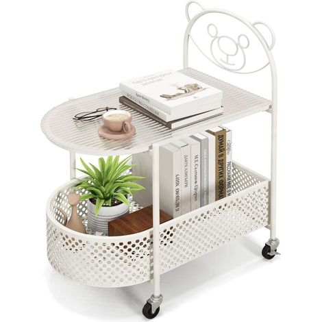 COSTWAY Table d’Appoint en Verre 2 Niveaux, Bout de Canapé à Roulette AVCE Panier, Cadre en Métal, Motif Ours, Desserte à Roulette pour Salon, Chambre(Blanc) (1/5)