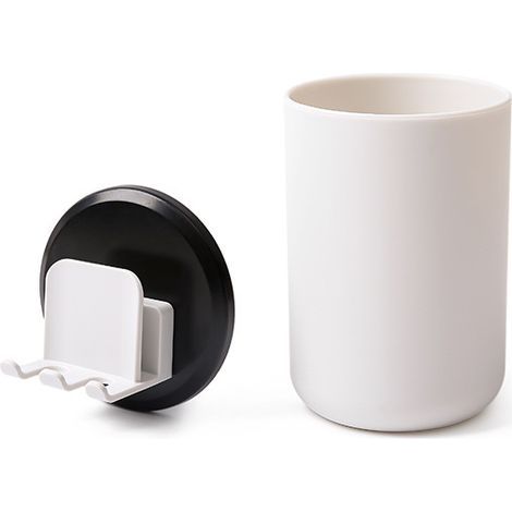 Zahnbürstenbecher mit Haken, Zahnbürstenhalter fürs Badezimmer, Aufbewahrungsbox für Zubehör (schwarz-weißes Regal + weißer Becher) (1/5)
