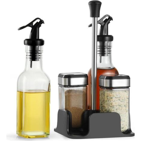 Drehbare Gewürzgläser Set 120ml x2 eckig + Gewürzregal + Essig-Öl-Flaschen 200ml (1/5)