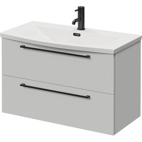 Napoli 390 Gloss Grey Pearl 800mm Wall Mounted 2 Drawer Vanity Unit with Arc Basin - 800mm - Matt Black 480mm Handle