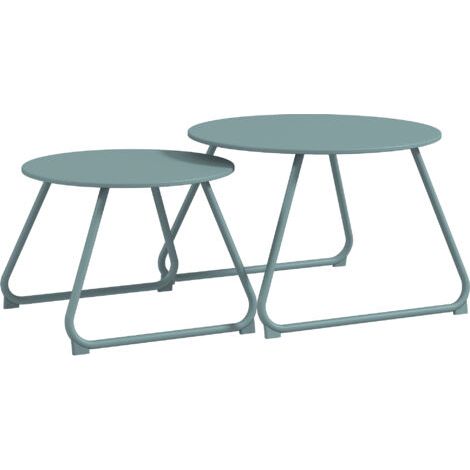 Lot de 2 tables basses rondes gigognes empilables de Jardin métal époxy, Table d'Appoint Stable pour extérieur, Bleu (1/5)