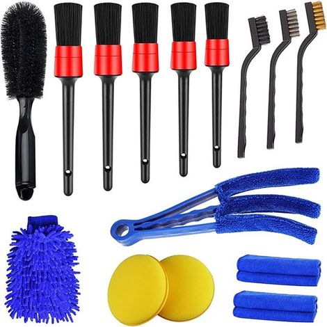 Set per la cura dell'auto composto da 15 pezzi, con spazzole incluse: spazzole metalliche, spazzola per cerchi, spazzola per bocchette dell'aria e guanto per il lavaggio. Set completo per la pulizia d (1/4)