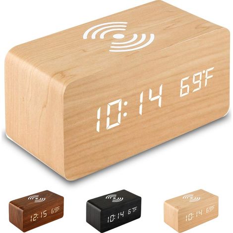 Réveil numérique en bois de bambou – Recharge sans fil – Affichage température – Dimensions 160x70x70mm – Design moderne (1/5)